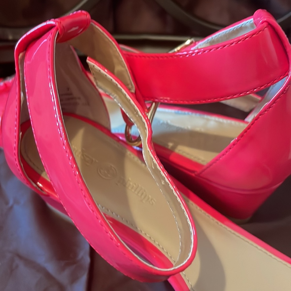 Lindsay Phillips “Mitzi” snap platform wedge sandals sz7 coral w/1 set snaps - Picture 8 of 8